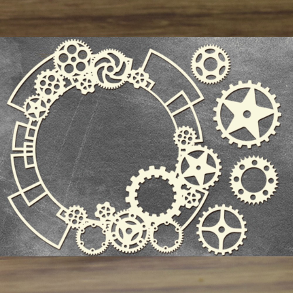 Choose size and thickness up to SMALL Steampunk cogs corners stencil 1